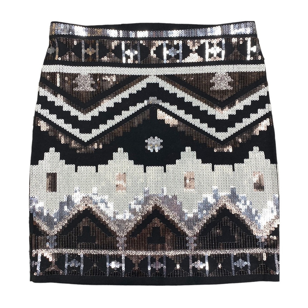 ⭐️HP⭐️ Express Metallic Sequin Tribal Southwest Mini Skirt Black Silver White XS